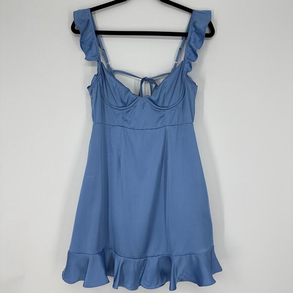 ASTR The Label Marla Flutter Strap Blue Satin Mini Dress New Womens Medium - Picture 2 of 11